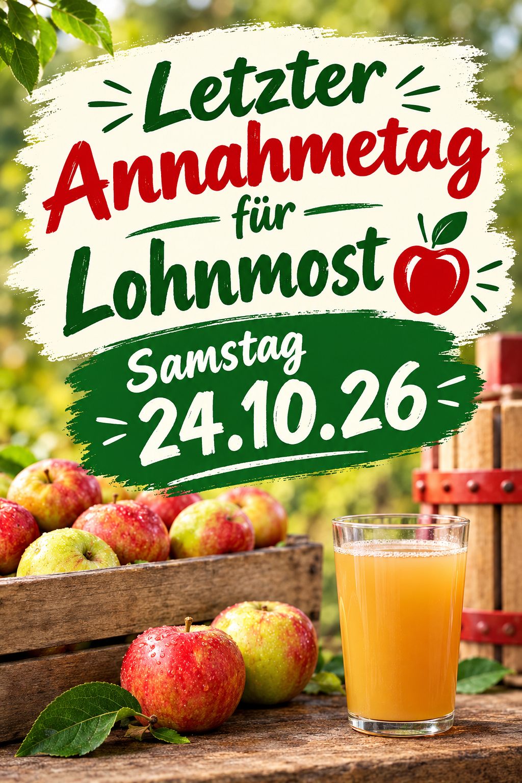 Letzter Annahmetag für Lohnmost: Samstag, 24.10.26